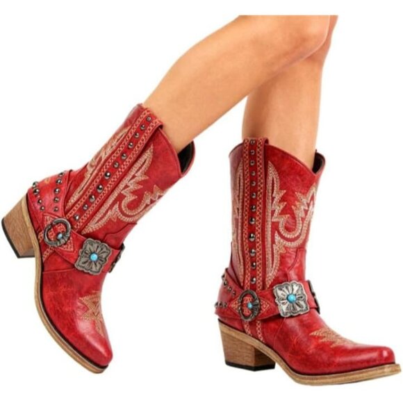 ⚡Women's Red Ankle High Embroidery Pointed Toe Cowgirl Western Boots Pull On - Picture 5 of 6